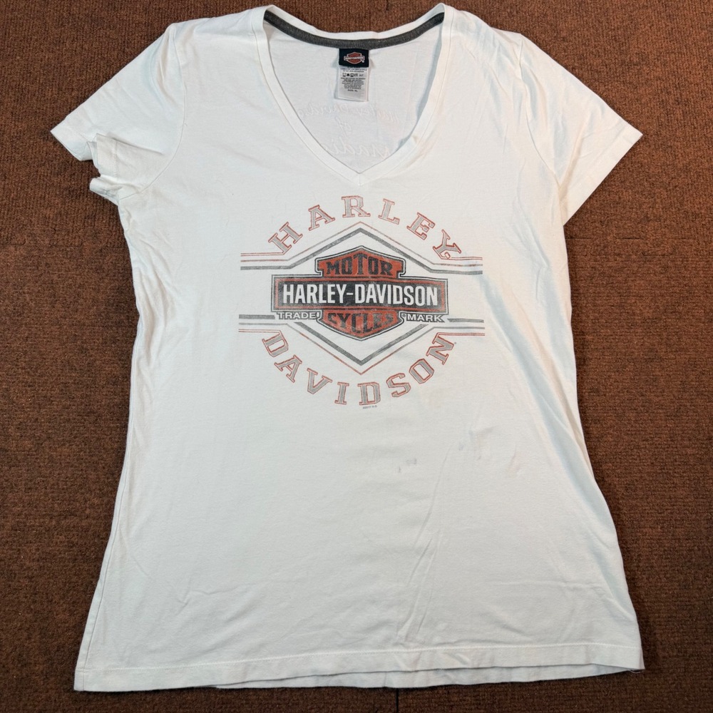Harley-Davidson V-Neck Graphic T-Shirt Womens XL White Madison WI Sun Moon Logo